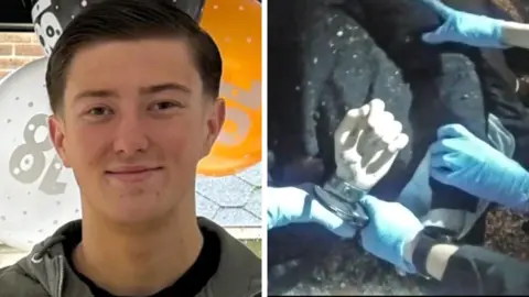 A composite image of a young man smiling at the camera with short dark hair and an image of the man lying on the floor with his hands being handcuffed behind his back.