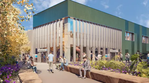 An artist's impression of the new NHS Community Diagnostic Centre. The two storey building features a modern design. It is next to the public park created on the old site and features a main entrance on Lister Gate 