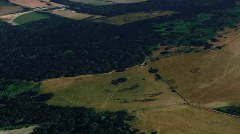A satellite view of the woodlands and land nearby