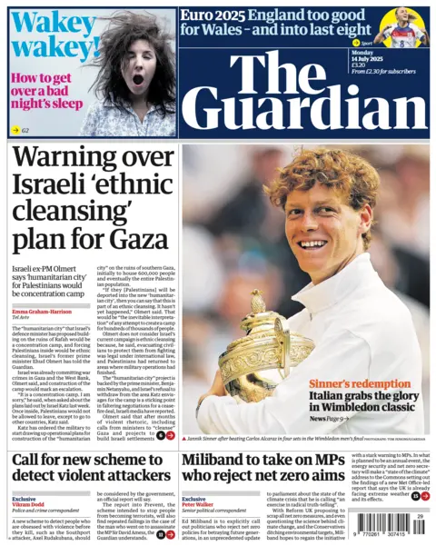 The headline on the front page of the Guardian reads: “Warning over Israeli 'ethnic cleansing' plan for Gaza”.