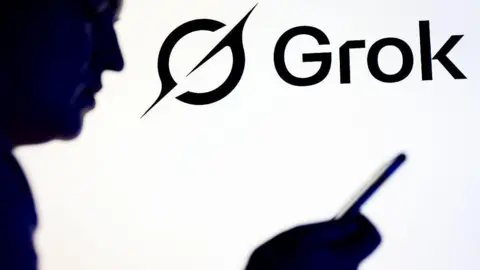 Silhouette of a person holding a smartphone in front of Grok and X logo