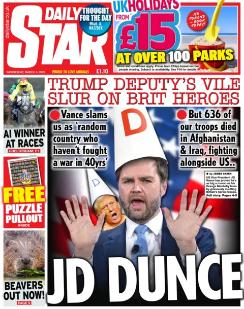 The headline on the front page of the Daily Star reads: "Trump deputy's vile slur on Brit heroes."