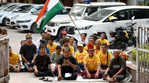  Climate activist Sonam Wangchuk with supporters begins hunger strike at Ladakh Bhawan for demand of Sixth Schedule status for Ladakh on October 7, 2024 in New Delhi, India. Sonam Wangchuk sat on a fast at the Ladakh Bhawan where he was staying after the protesters were denied permission to stage the stir at Jantar Mantar. (Photo by Salman Ali/Hindustan Times via Getty Images)
