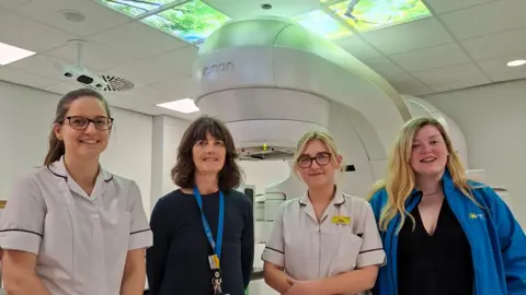 Lingen Davies Four women are standing in a hospital room with a radiotherapy machine in the background that is large and white. On the left the woman has long brown hair tied in a ponytail, glasses and a white uniform. The next woman has shoulder length brown hair and a blue lanyard with a black top. The next woman has blonde hair tied back and glasses, with a white uniform and yellow name badge. The final woman has long blonde hair, a black top and a blue jacket with a yellow sun logo on its breast