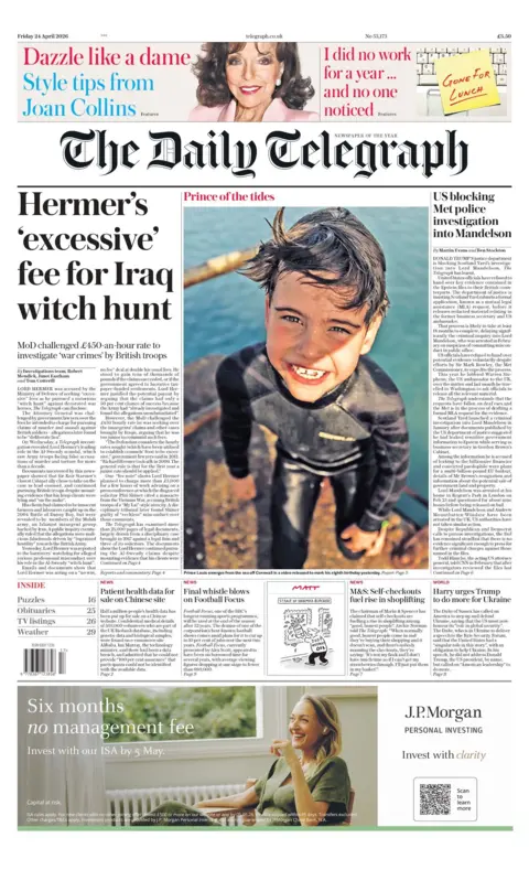 "Hermer's 'excessive' fee for Iraq witch hunt" reads the headline on the front page of the Daily Telegraph.