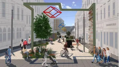 An artist's impression of a pedestrianised street. It is lined with trees and seating. A green arch is at each the entrance to the street.