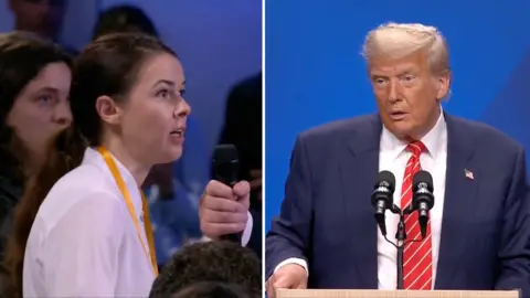 BBC Ukrainian's Myroslava Petsa speaks into a microphone and Donald Trump at a podium at his news conference