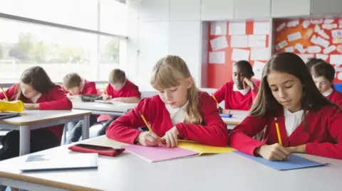 School children in a classroom writing in their books 