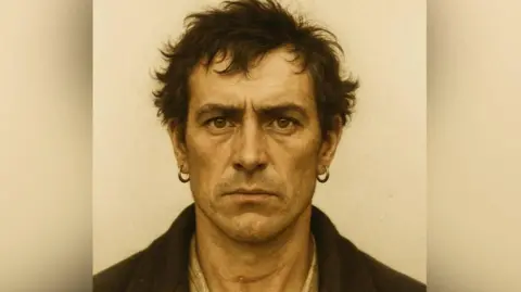Unshackled/Roar Films An AI image of a man staring intently at the camera. He has ruffled dark hair, brown eyes, and a hooped earring in each ear. He has the scar of what looks to be a cut across his neck. 