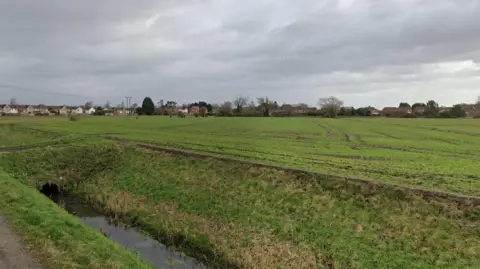 A green field with some houses on the edges. 