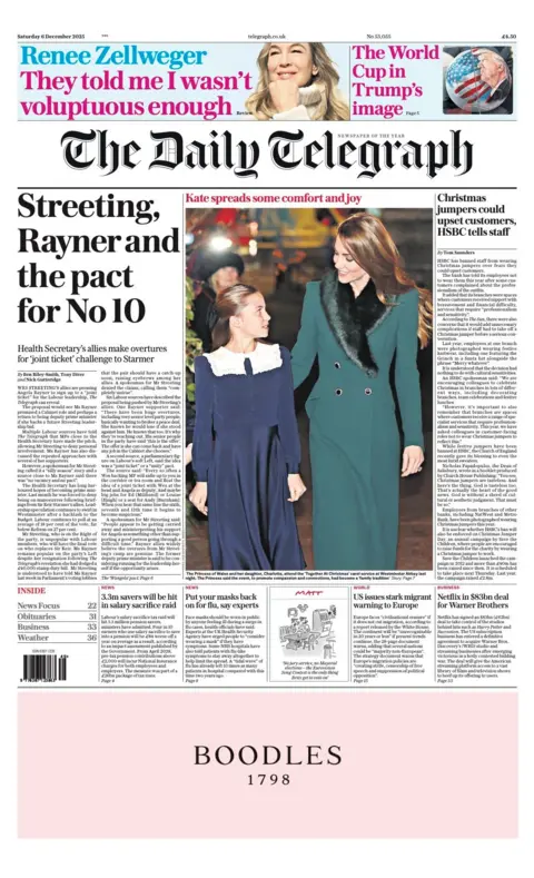 The headline on the front page of the Daily Telegraph reads: “Streeting, Rayner and the pact for No 10”.