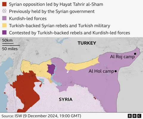 Map showing areas controlled by antithetic  factions successful  Syria, arsenic  good   arsenic  the locations of Al Roj and Al Hol camps.