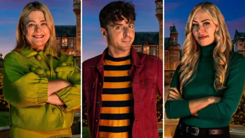 Traitors contestants Harriet, Jack and Ellie pictured in front of Ardross Castle