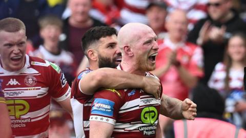 Wigan skipper Liam Farrell celebrates his first try in a Wembley final