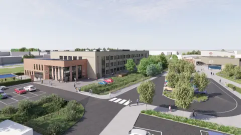 Space Architects CGI images of how redeveloped Thornhill Academy could look under plans from the Department for Education. There is a main three-floor teaching block with a lower building in front of it and solar panels on the flat roof. There is a large car park in front of it, with a small cluster of buildings on the other side of the car park. The area has patches of grass and trees all around the buildings and roads.
