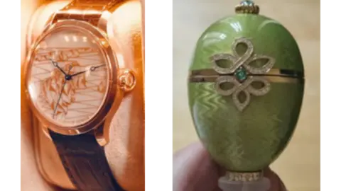 Met Police Two images placed side by side: a close‑up of a luxury wristwatch with a patterned face on the left, and a green Fabergé egg with a gold band and decorative gemstone motif on the right.