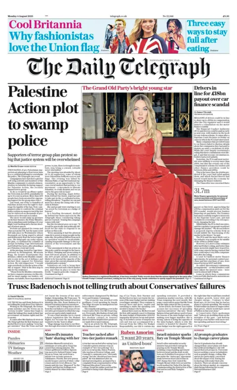 The Daily Telegraph's headline reads "Palestine Action plot to swamp police".  It pictures the actor Sydney Sweeney wearing a red dress on the red carpet. 