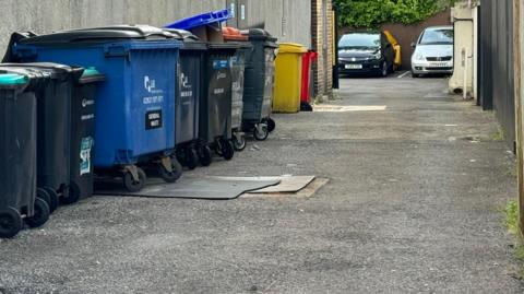 A lane between two buildings, with a row of bins on the left hand side and two cars parked in a car park behind it