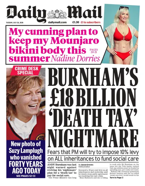 "Burnham's £18 billion ''death tax' nightmare," reads the headline on the front page of the Daily Mail. 