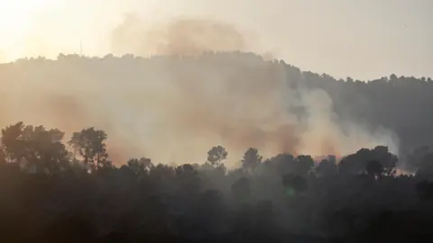 Reuters Smoke rises from the hills around Kiryat Shmona, in northern Israel, after a Hezbollah rocket attack (9 October 2024)