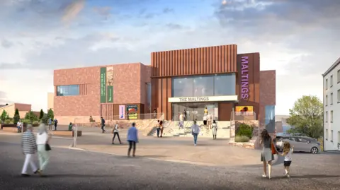 A computer generated image of how The Maltings, an arts venue in Berwick, might look once it's rebuilt. It's a one storey brown building made up of two linked sections with lots of windows above the entrance. People are walking towards it 