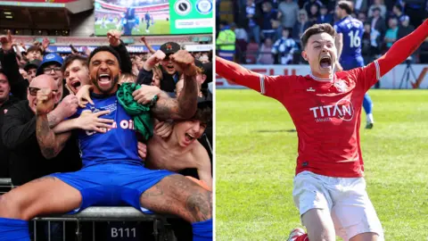 (Left) Rochdale defender Tobi Adebayo-Rowling celebrates with fans after their Wembley win over Boreham Wood in May and (right) York City midfielder Alex Hunt celebrates with arms outstretched after their promotion at Rochdale in April
