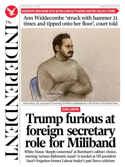 The headline on the front page of the Independent reads: “Trump furious at foreign secretary role for Miliband”.