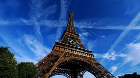 PA The Eiffel Tower with the Olympic Games rings 