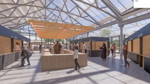 Kirklees Council An artist impression of the interior of a market hall, with stalls around the outside and a sales area in the middle, with a glass canopy roof.