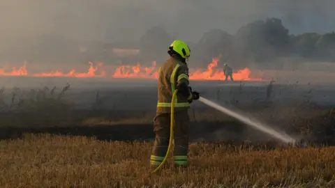 Suffolk Fire and Rescue Service A firefighter using a hose to dampen down charred hotspots in a field. In the background the fire continues to rage.