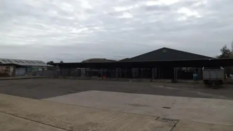 Geographer/Geograph Norwich Livestock Market. It has grey livestock pens, iron-clad buildings and a large concrete forecourt, which is in the foreground. The market is empty.