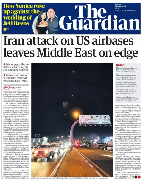 "Iran attack on US airbases leaves Middle East on edge" reads the headline on the front page of The Guardian