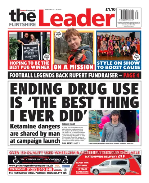 Flintshire Leader Flintshire Leader front page. The main headline says: Ending drug use 'best thing I ever did'. Ketamine dangers are shared by man at campaign launch. 