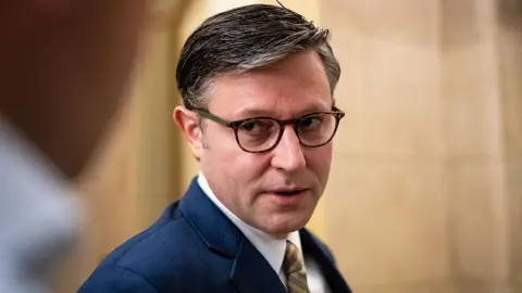 US House Speaker Mike Johnson, a Republican from Louisiana, speaks to members of the media while arriving for a meeting with Benjamin Netanyahu, Israel's prime minister on July 8, 2025.
