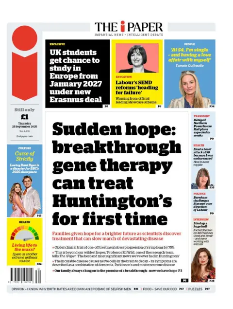  breakthrough gene therapy can treat Huntington's for first time" reads the headline on the front page of The i Paper.