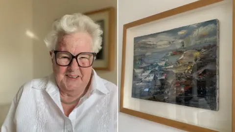 A composite image of an older woman with white hair and glasses alongside an oil painting of boats at sea 