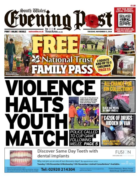 South Wales Evening Post The front page of the South Wales Evening Post