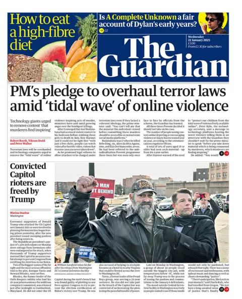 The headline in the Guardian reads: "PM's pledge to overhaul terror laws amid 'tidal wave' of online violence". 