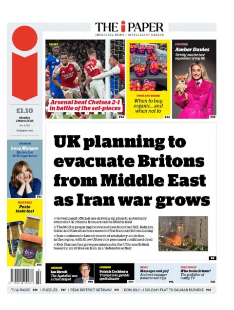 The headline on the front page of the i Paper reads: “UK planning to evacuate Britons from Middle East as Iran war grows”.
