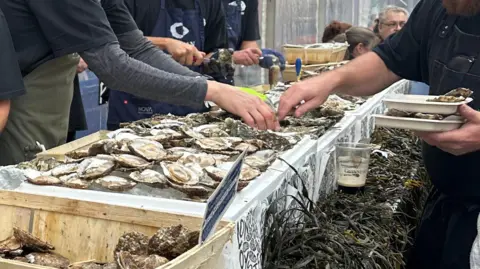 Oysters on a long table with men reaching for them