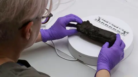 A scroll from ancient city of Herculaneum sitting on a white circular tray at the Bodleian library.   It is about about 15cm long and about 3cm wide. It is dark brown and appears very charred, resembling a lump of charcoal. A woman with purple gloves is handling it. 