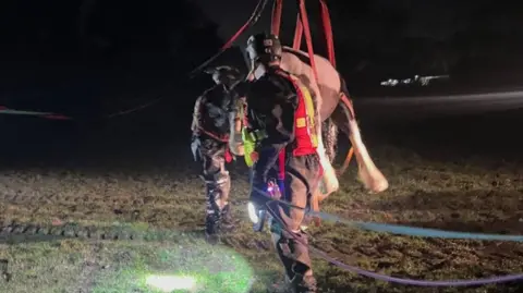 Bromyard Fire Station Two people in black water proof clothing and helmets stand beside a horse which has been lifted by red straps around its body. 