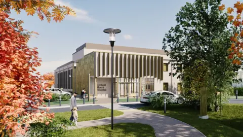 An artist's impression of what an exterior of the redeveloped Lynfield Mount Hospital site could look like. The exterior is leafy and features a building with a modern design in the background.