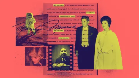 Promotional image for the BBC In History newsletter. A montage of astronauts, Princess Diana, Princess of Wales, Martin Luther King Jr., and John F. Kennedy and his wife Jackie are featured against a typed radio news script.