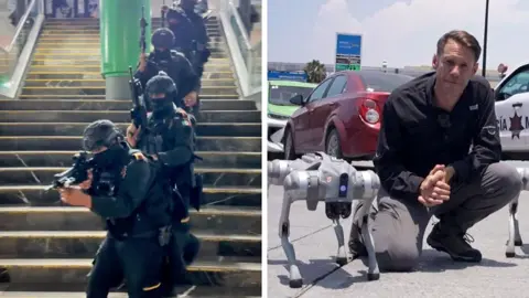 Split screen. Left, a group of Mexico's military conducting exercises. Rigth, Will Grant with robot dogs in a car park. 