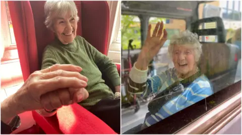 Bristol Care Homes Woman holding hand and woman waving on bus