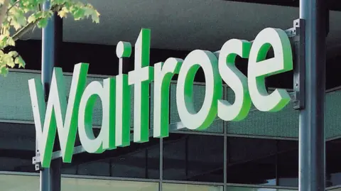 A close-up of the Waitrose branding, in giant green letters. Behind is an office building or multi-storey car park.