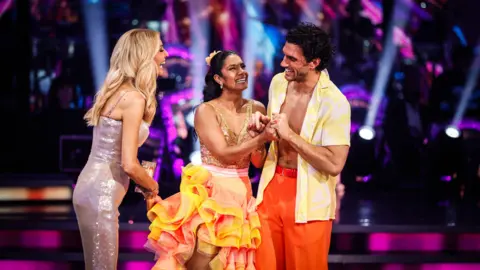 BBC/Guy Levy Tess Daly, Balvinder Sopal & Julian Caillon during the Strictly Come Dancing results show