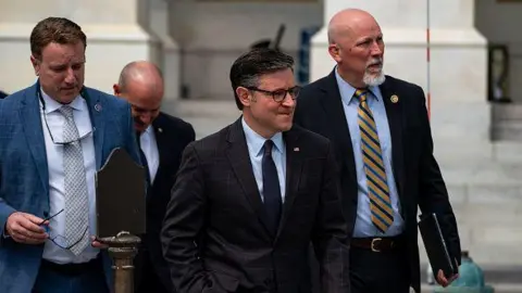 Photo by Kent Nishimura/Getty Images House Speaker Mike Johnson and Texas Rep. Chip Roy at the US Capitol