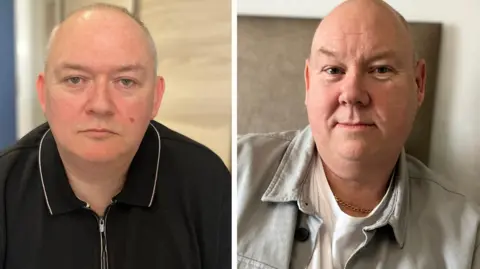 Composite image of two men, both with bald heads looking into the camera. On the left, Paul has a black top with a zip in the middle, while Marcus is wearing a white T-shirt with grey shirt.